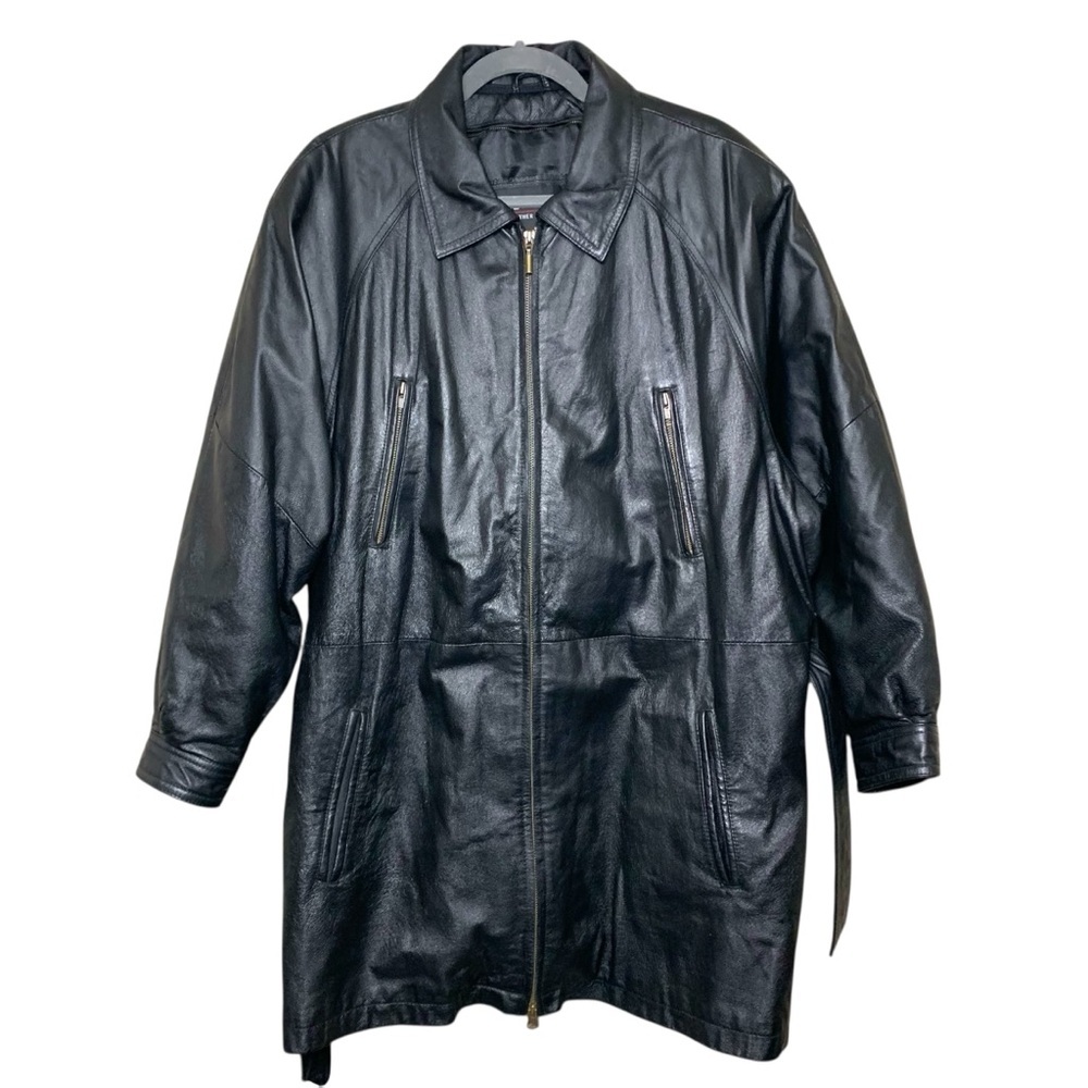 Vintage 90s Wilson's Black Leather Zip Jacket Sz XL-XXL Mid Length Belted Coat